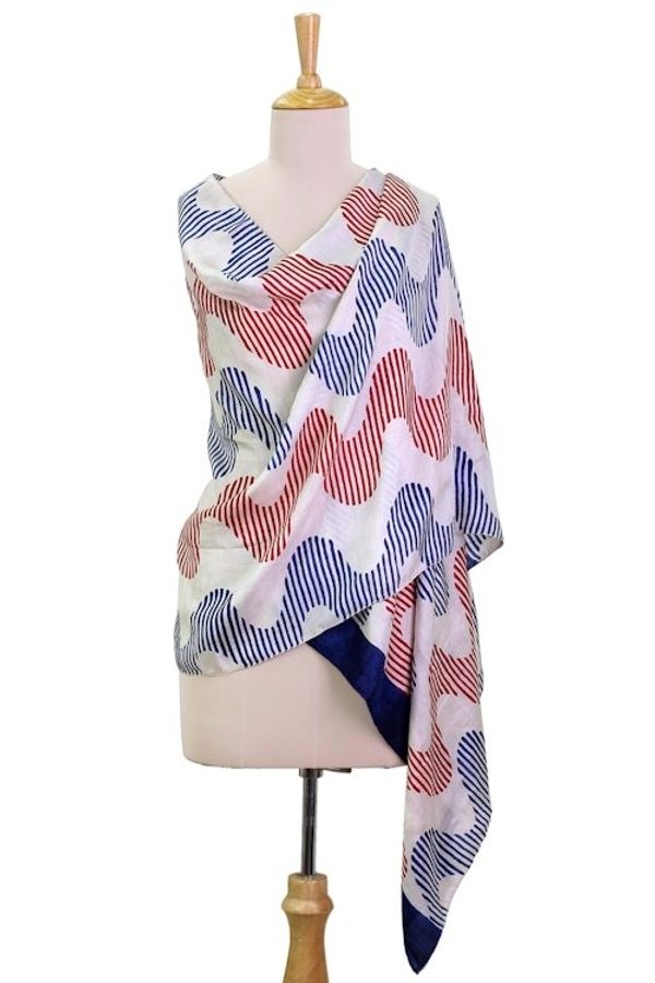 Alternate image for Silk Printed Shawl in Crimson and Prussian Blue from India Bengal Waves