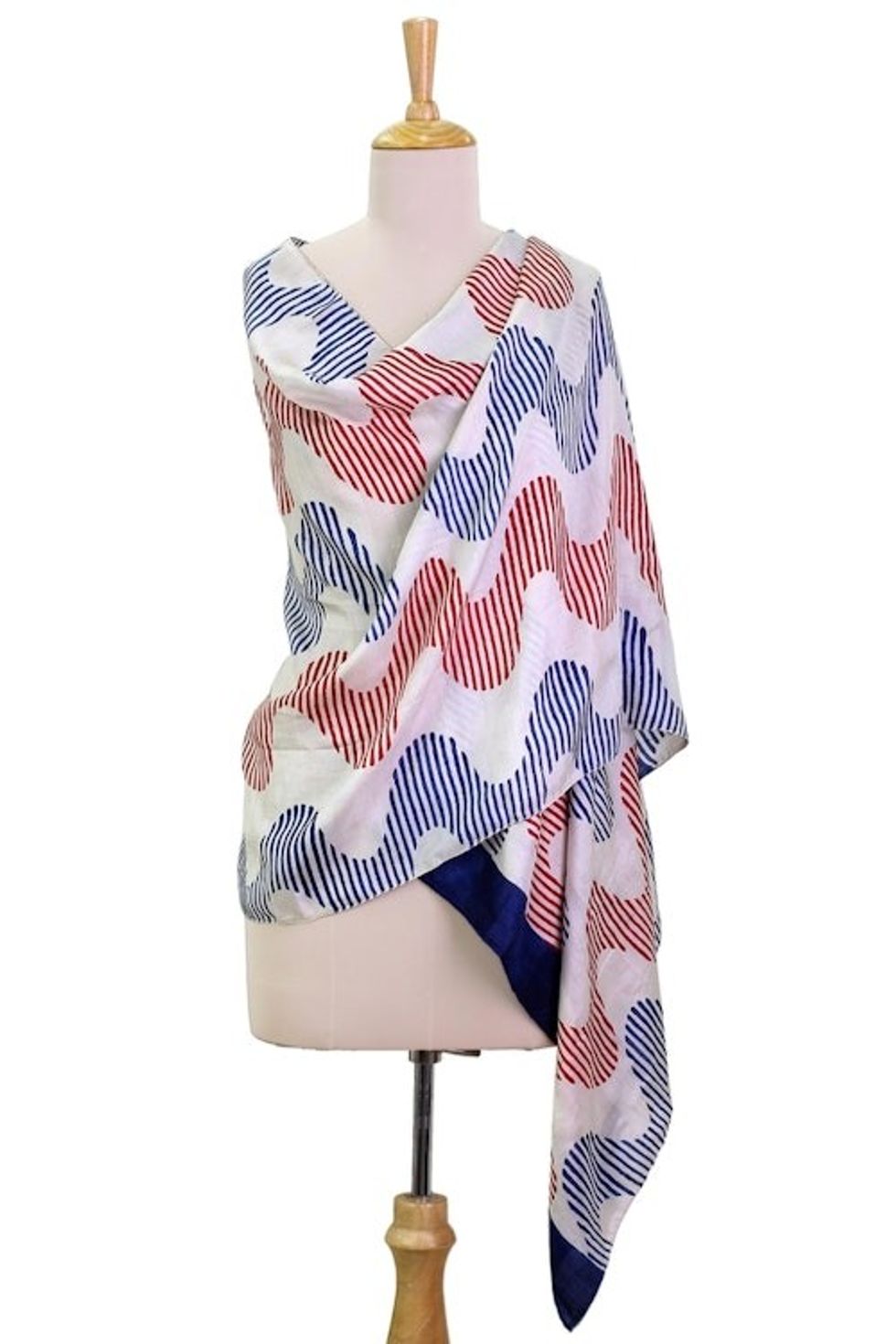 Silk Printed Shawl in Crimson and Prussian Blue from India 'Bengal Waves'