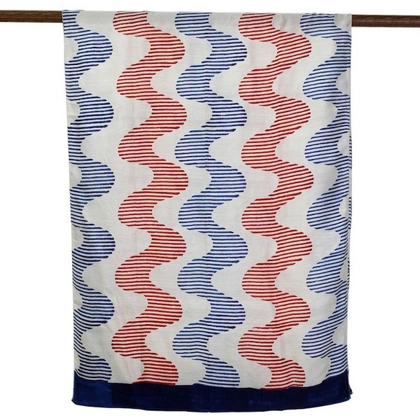 Alternate image for Silk Printed Shawl in Crimson and Prussian Blue from India Bengal Waves