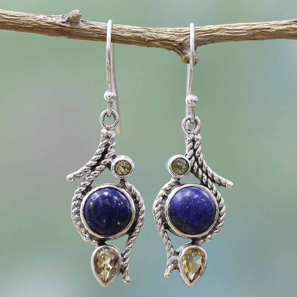 Lapis Lazuli Citrine Sterling Silver Dangle Earrings India 'Starry Bliss'