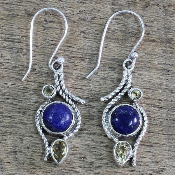 Alternate image for Lapis Lazuli Citrine Sterling Silver Dangle Earrings India Starry Bliss