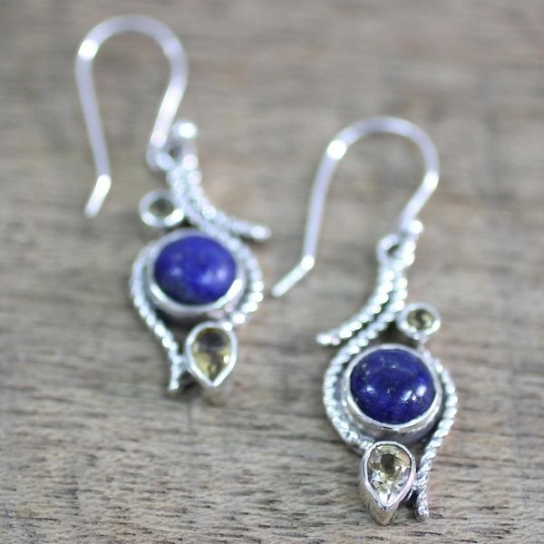Alternate image for Lapis Lazuli Citrine Sterling Silver Dangle Earrings India Starry Bliss