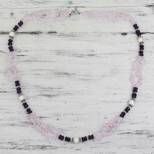 Alternate image for Rose Quartz Amethyst and Pearl Handcrafted Necklace Beautiful Boldness