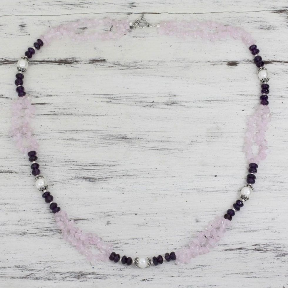 Rose Quartz Amethyst and Pearl Handcrafted Necklace 'Beautiful Boldness'