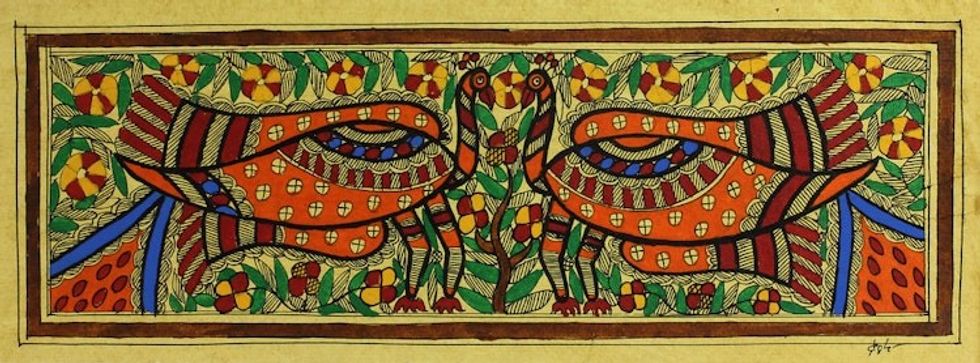 Signed Authentic India Madhubani Painting 'Peacock Dance'