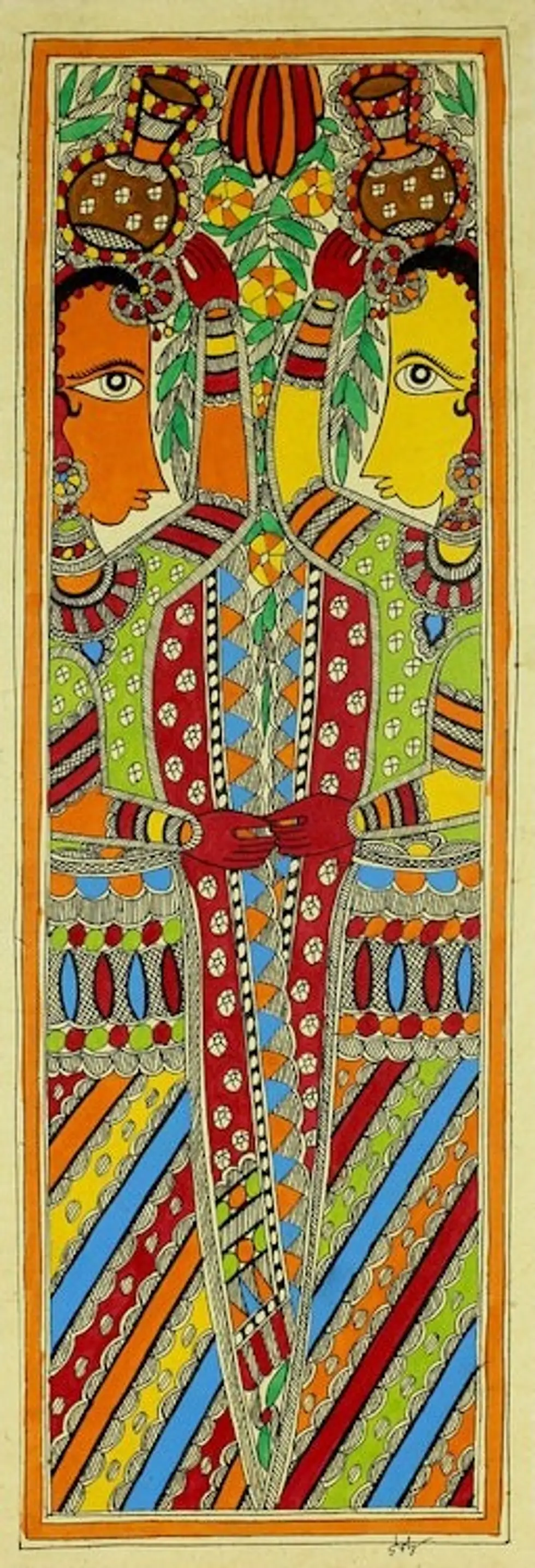 Madhubani Painting Signed Art on Handmade Paper 'Village Lasses II'