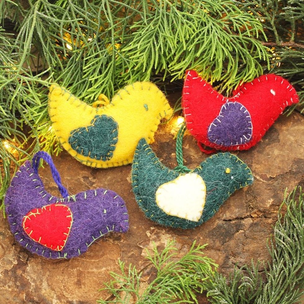 Colorful Wool Felt Holiday Dove Ornaments Set of 4 'Messengers of Peace'