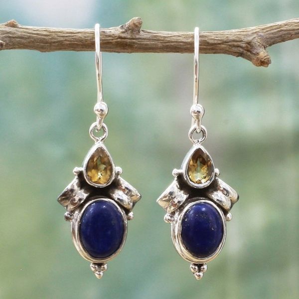 Alternate image for Citrine Lapis Lazuli Dangle Earrings from India Indian Fog