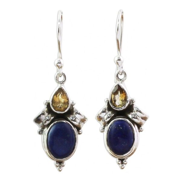 Alternate image for Citrine Lapis Lazuli Dangle Earrings from India Indian Fog