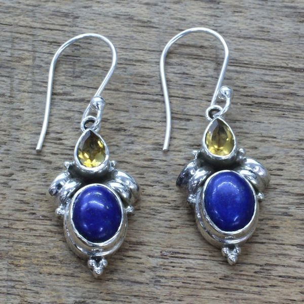 Alternate image for Citrine Lapis Lazuli Dangle Earrings from India Indian Fog