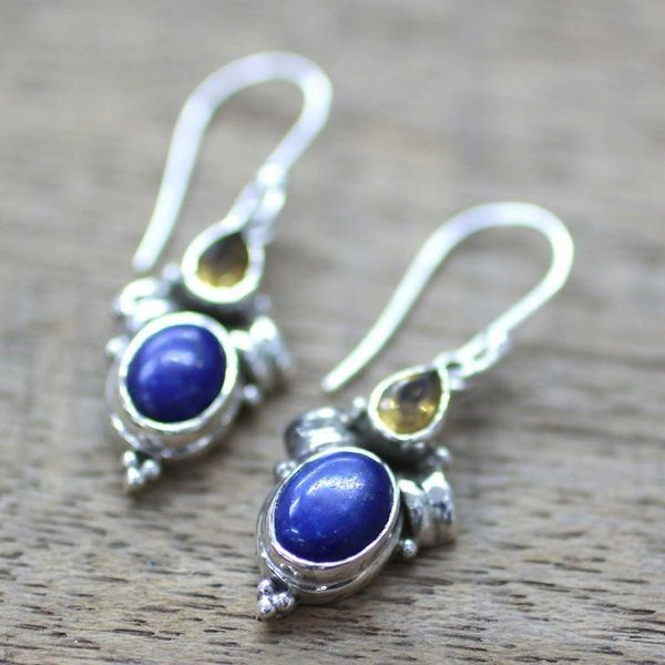 Alternate image for Citrine Lapis Lazuli Dangle Earrings from India Indian Fog