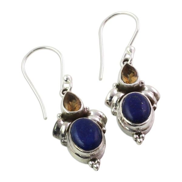 Alternate image for Citrine Lapis Lazuli Dangle Earrings from India Indian Fog