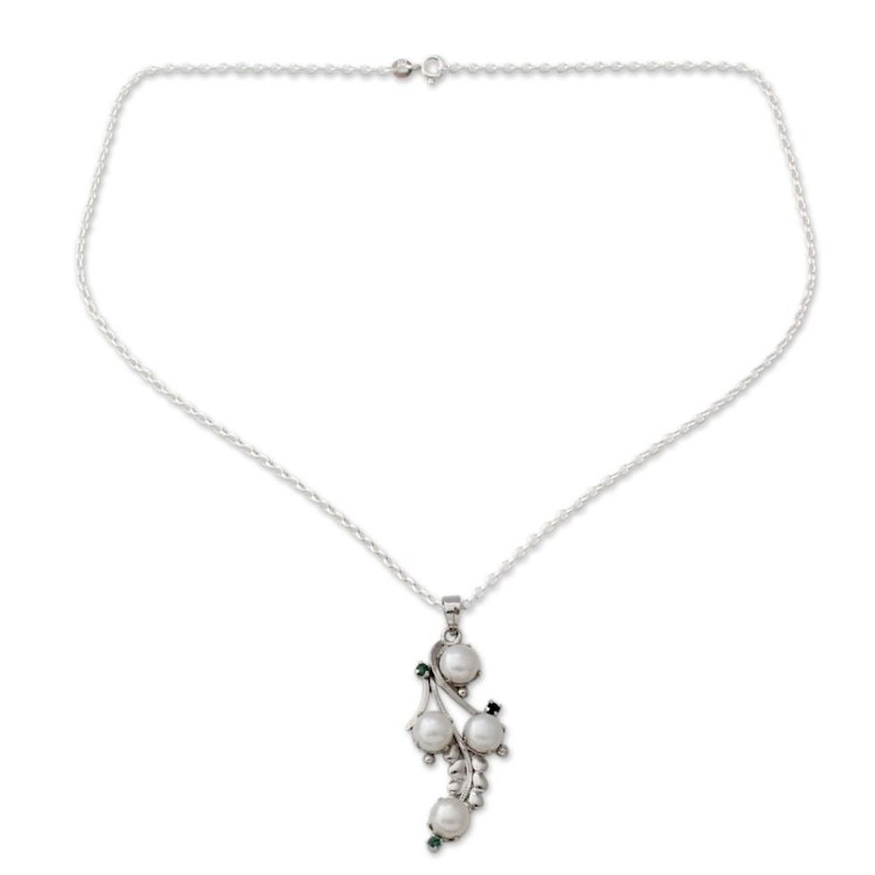 Artisan Crafted Cultured Pearl and Emerald Necklace 'Gardenia Bouquet'