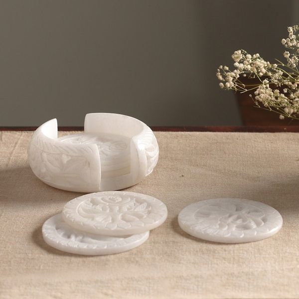 Alternate image for Six White Indian Marble Carved Coasters with Holder White Agra Lily
