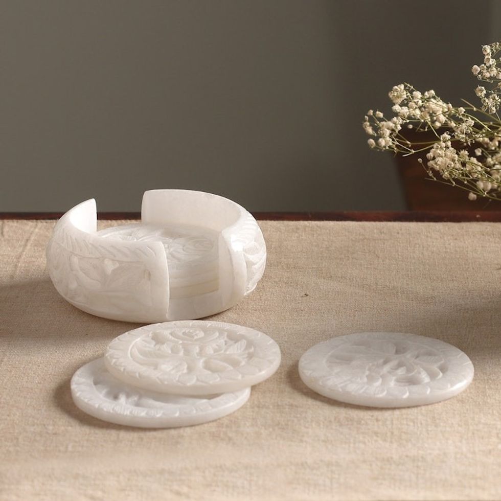 Six White Indian Marble Carved Coasters with Holder 'White Agra Lily'