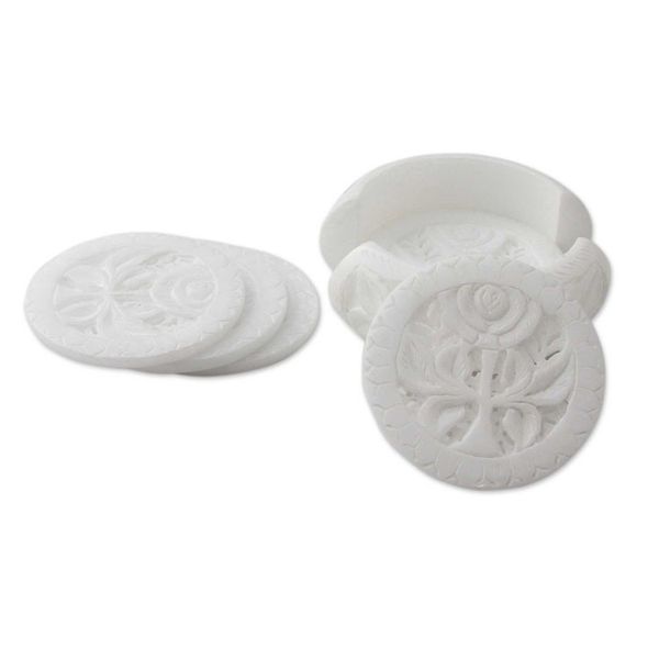 Alternate image for Six White Indian Marble Carved Coasters with Holder White Agra Lily