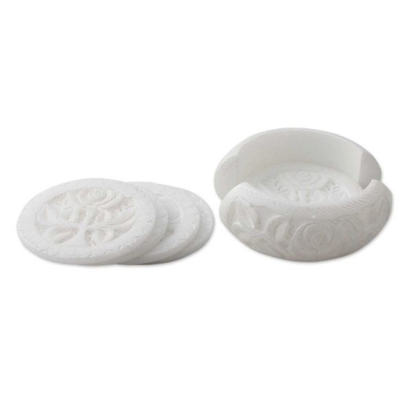 Alternate image for Six White Indian Marble Carved Coasters with Holder White Agra Lily