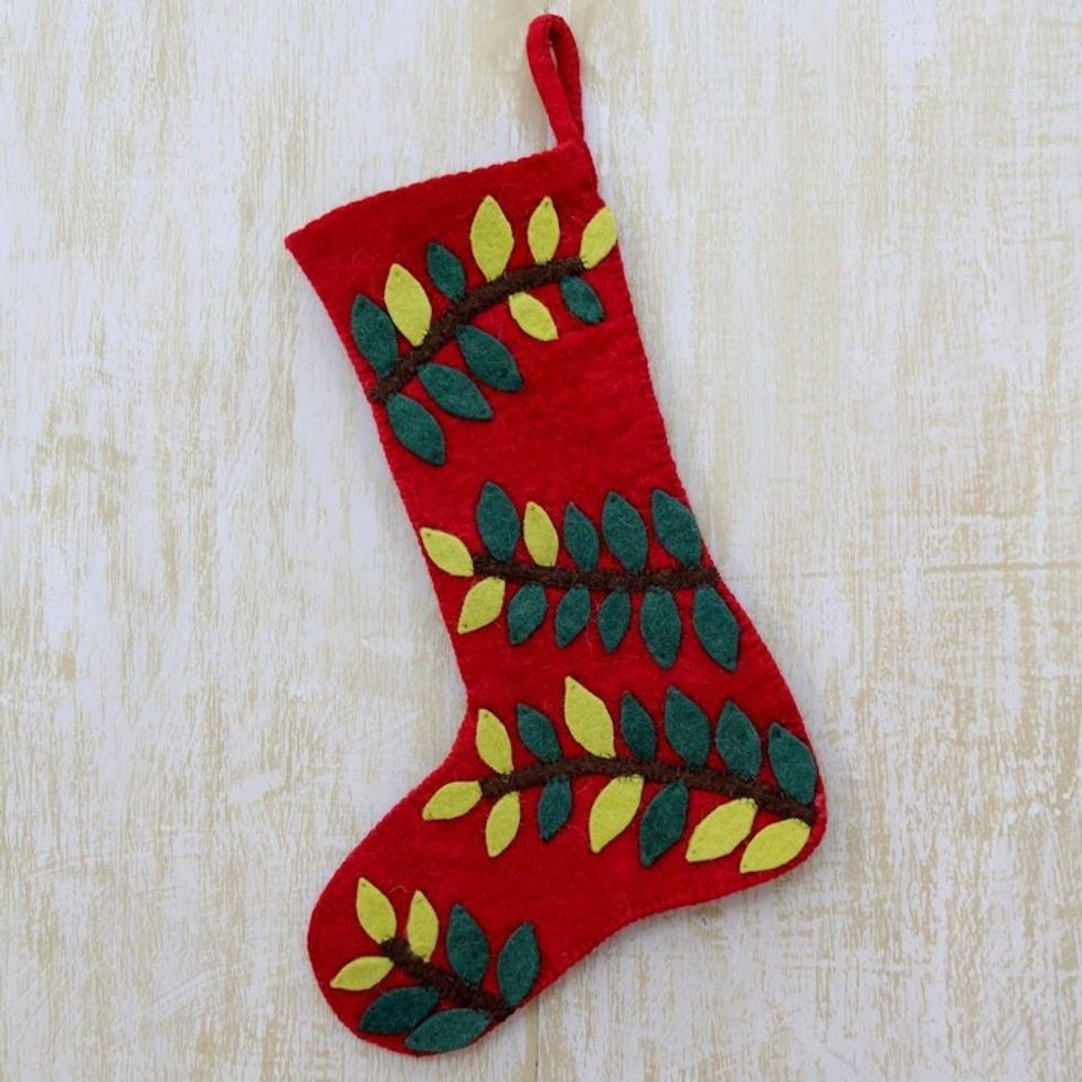 Red Wool Felt Christmas Stocking with Leafy Vine Applique 'Jungle Christmas'
