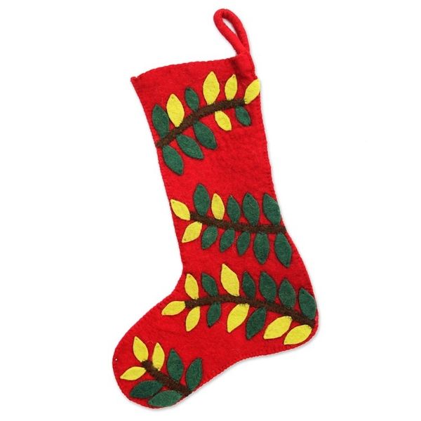 Alternate image for Red Wool Felt Christmas Stocking with Leafy Vine Applique Jungle Christmas