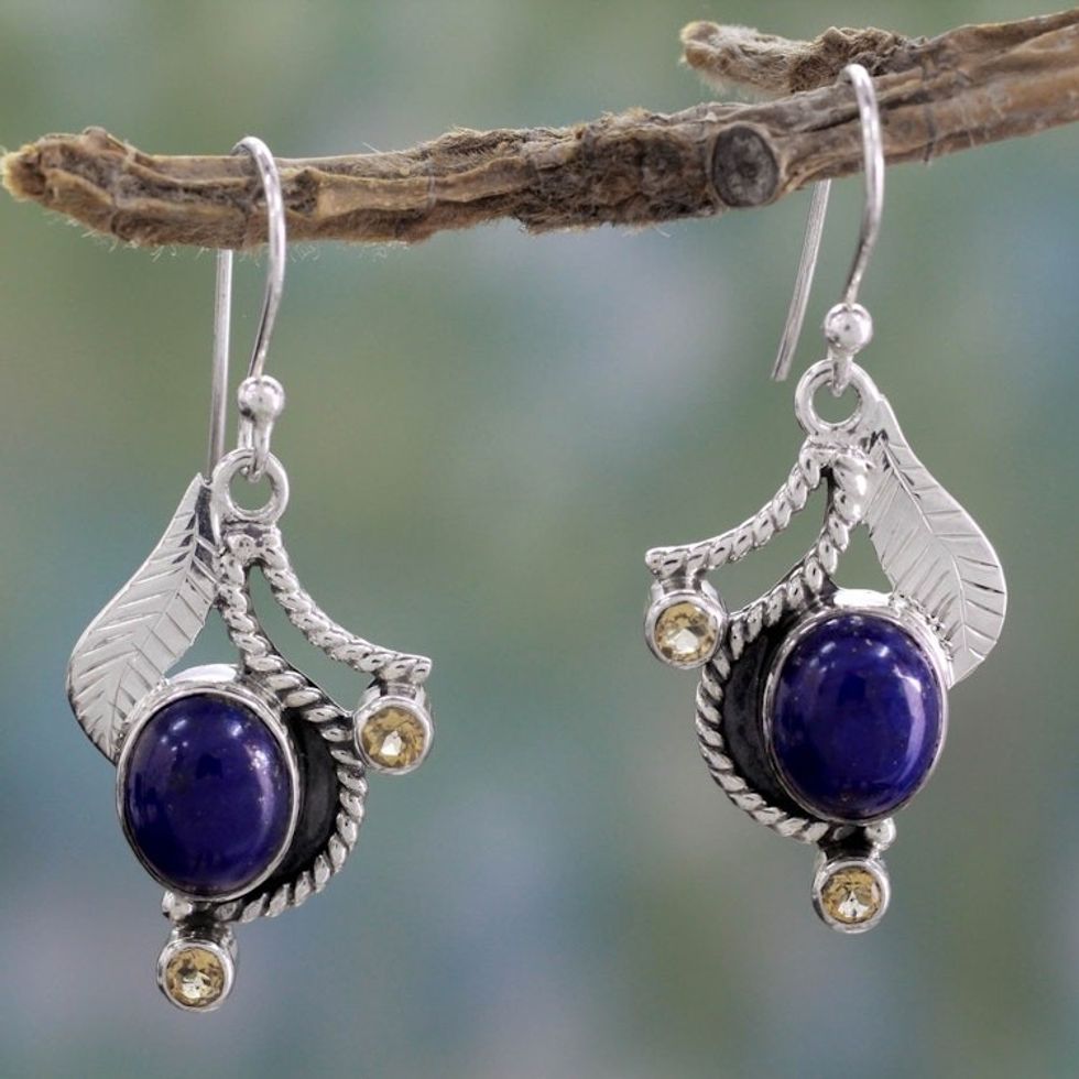 Lapis Lazuli and Citrine Hook Earrings 'Dew Blossom'