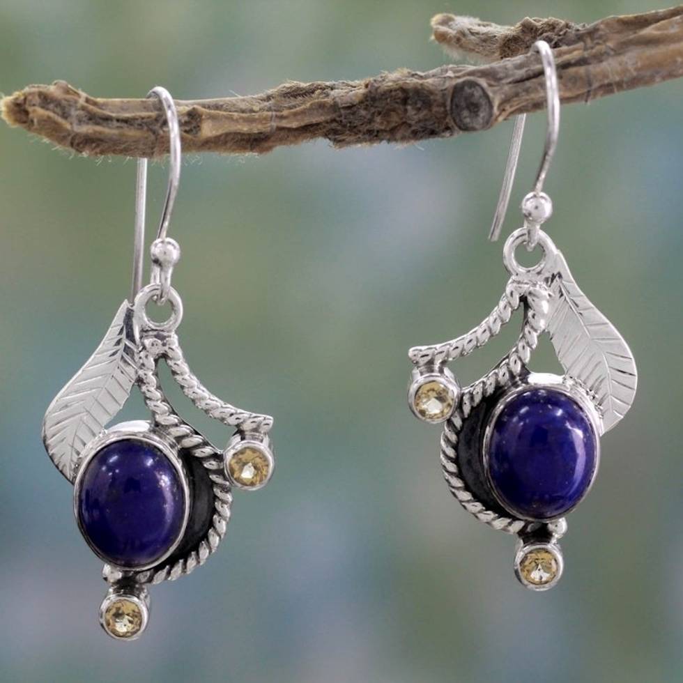 Lapis Lazuli and Citrine Hook Earrings 'Dew Blossom'