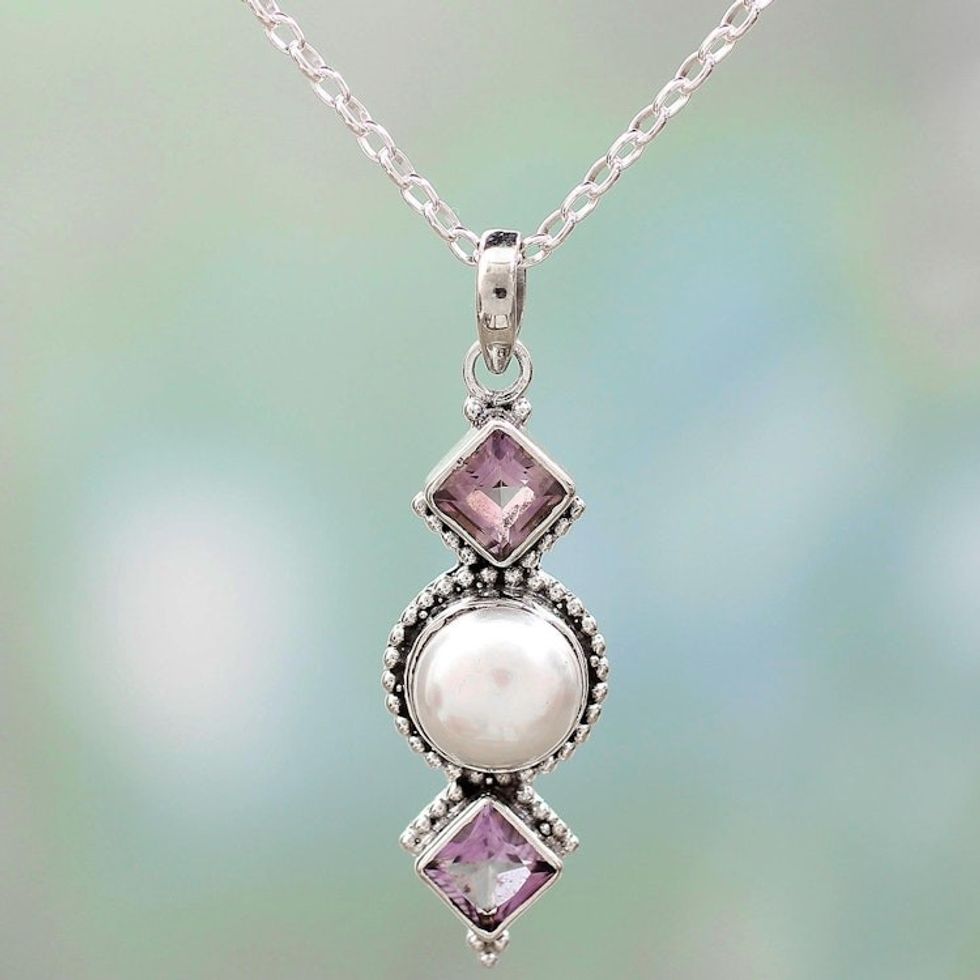 Amethyst and Cultured Pearl Pendant Necklace from India 'Purple Guardians'