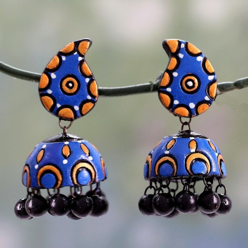Handmade Ceramic Dangle Earrings in Blue and Orange 'Blue Paisley'