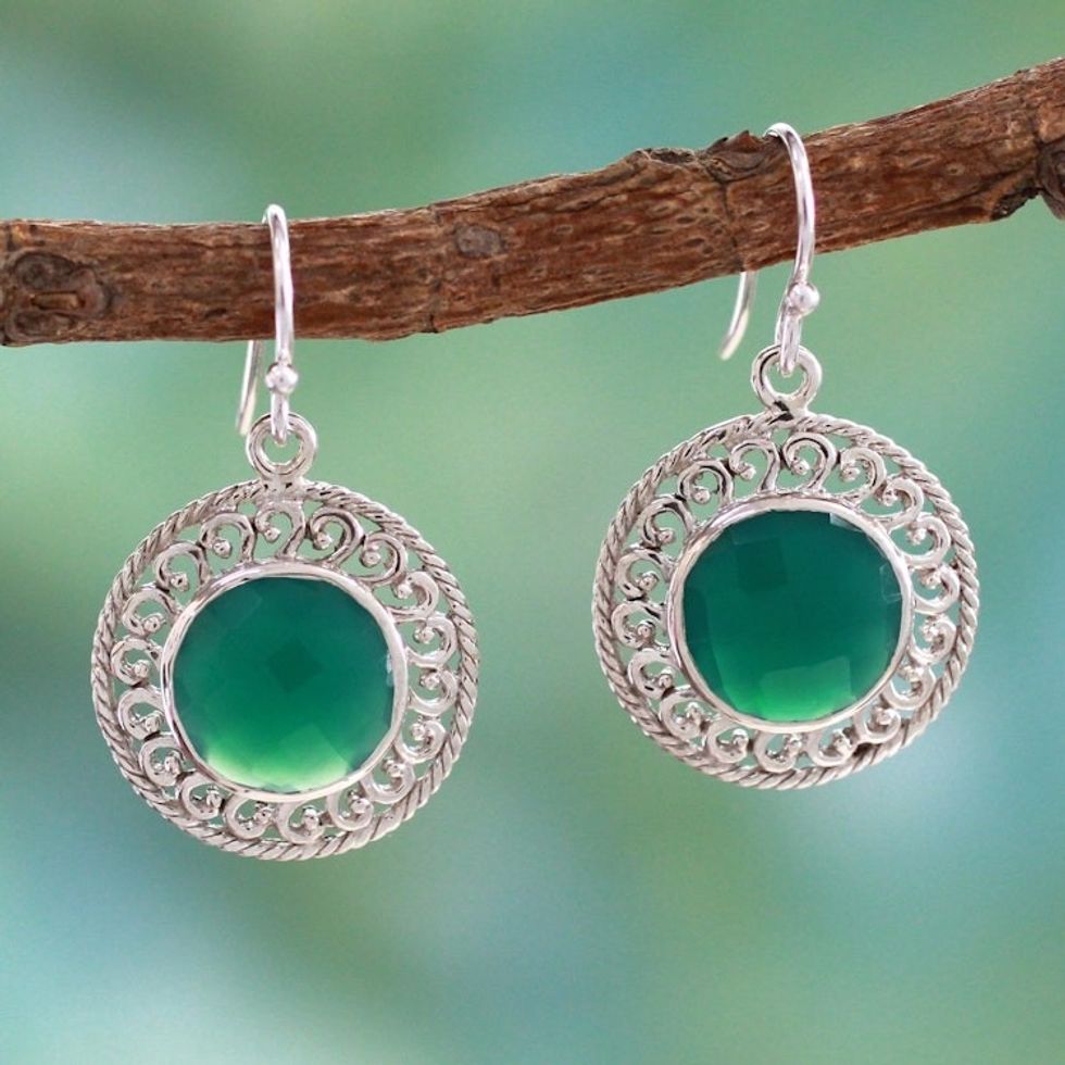 Sterling Silver and Green Onyx Earrings from India Jewelry 'Mystical Shields'
