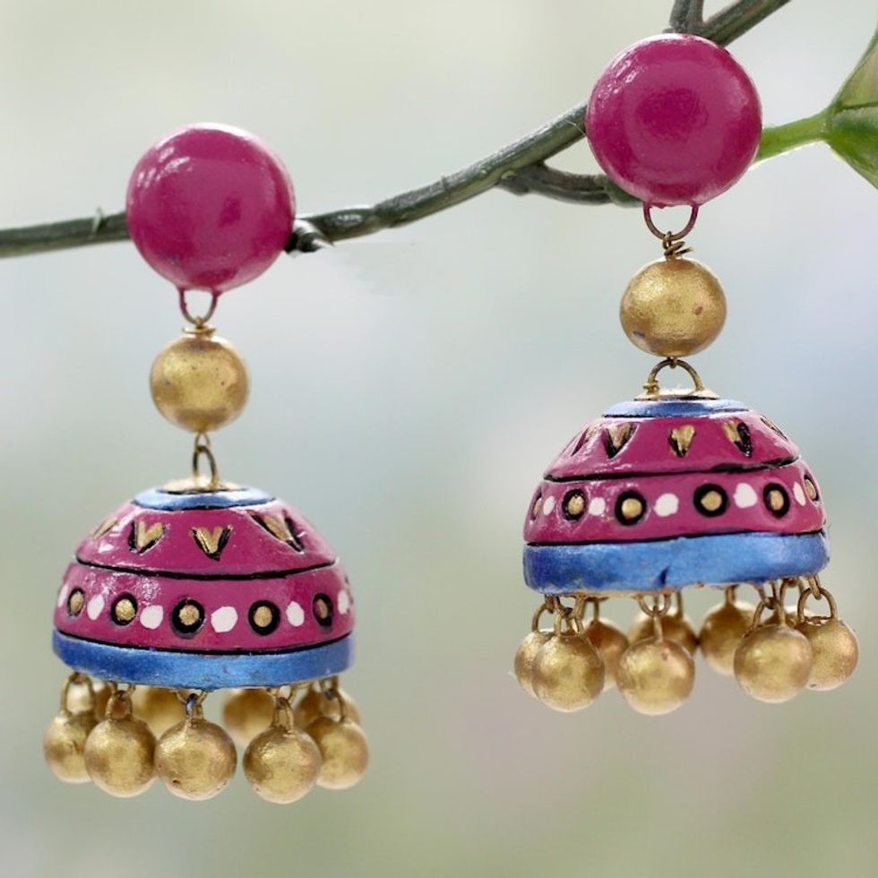 Handcrafted Ceramic Dangle Earrings in Pink and Gold 'Pink Harmony'