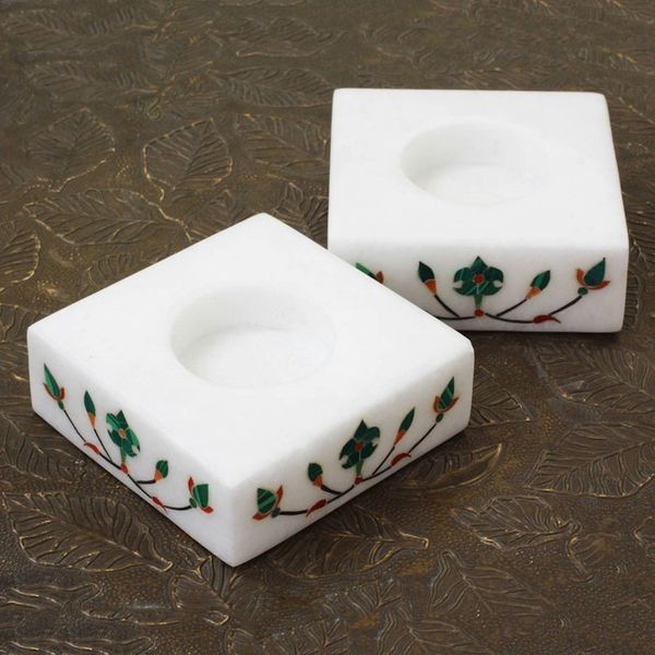 Alternate image for Square Marble Tealight Holders with Green Blooms Pair Blooming Buds in Green