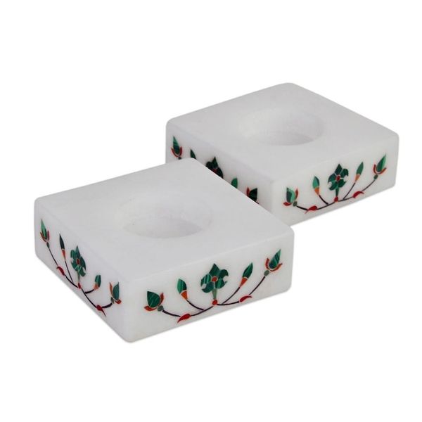 Alternate image for Square Marble Tealight Holders with Green Blooms Pair Blooming Buds in Green