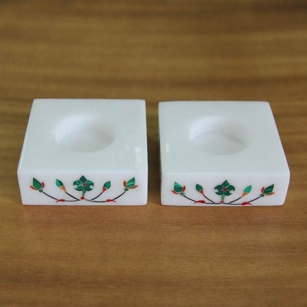 Alternate image for Square Marble Tealight Holders with Green Blooms Pair Blooming Buds in Green