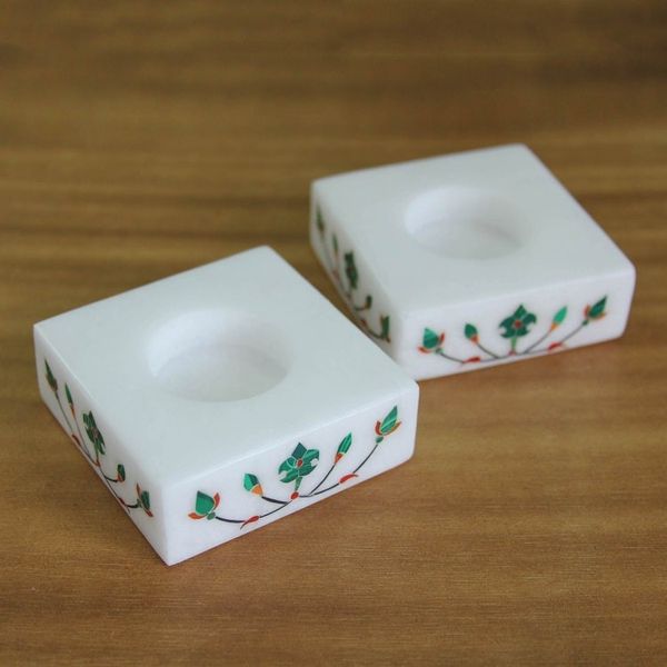 Alternate image for Square Marble Tealight Holders with Green Blooms Pair Blooming Buds in Green