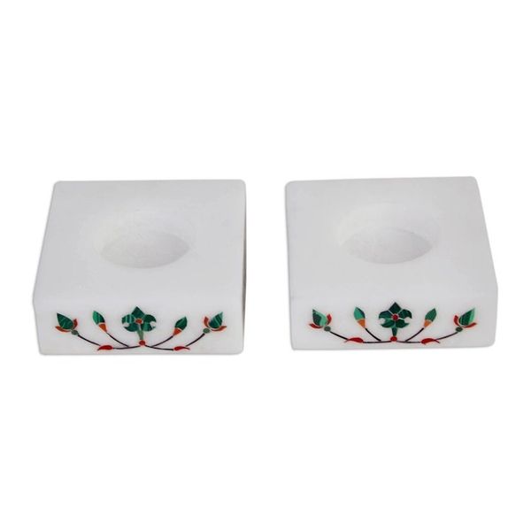 Alternate image for Square Marble Tealight Holders with Green Blooms Pair Blooming Buds in Green