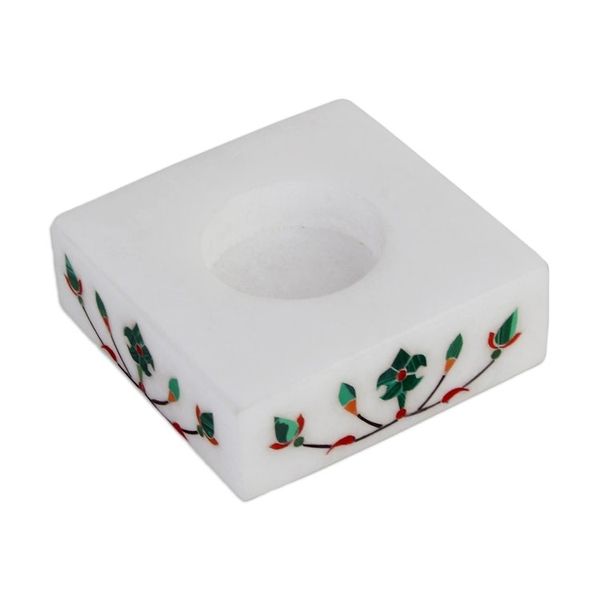 Alternate image for Square Marble Tealight Holders with Green Blooms Pair Blooming Buds in Green