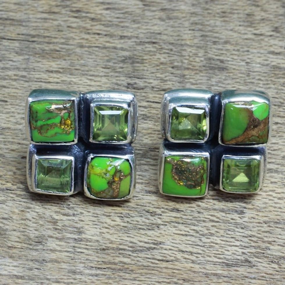 Peridot and Green Composite Turquoise Button Earrings 'Forest Delight'