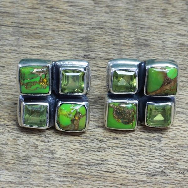 Alternate image for Peridot and Green Composite Turquoise Button Earrings Forest Delight