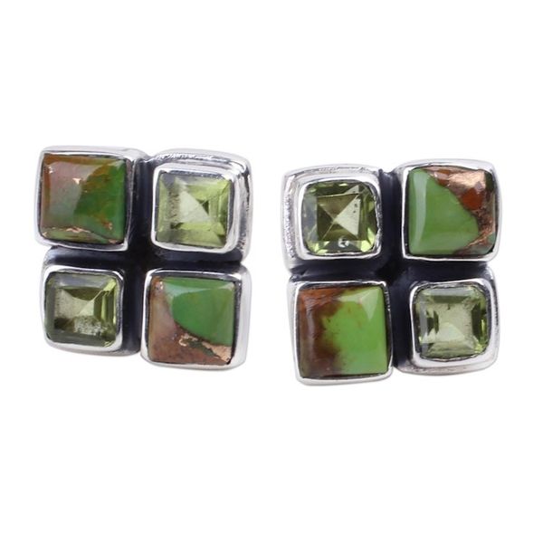 Alternate image for Peridot and Green Composite Turquoise Button Earrings Forest Delight