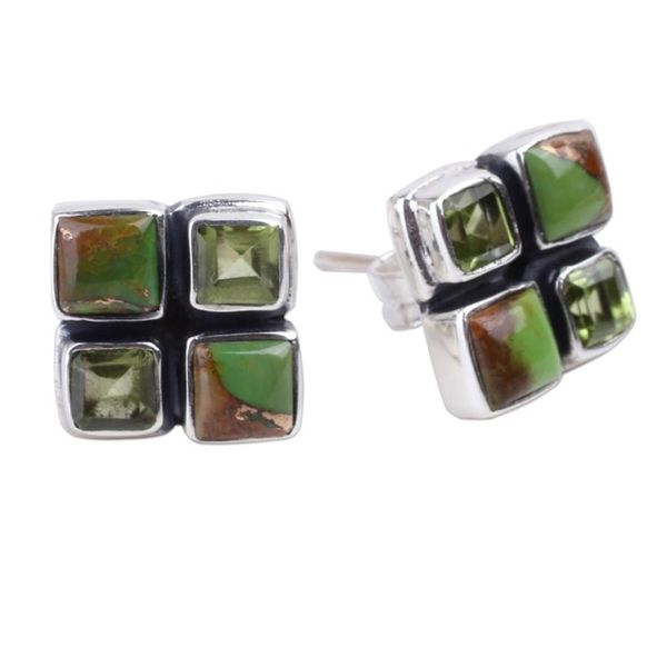 Alternate image for Peridot and Green Composite Turquoise Button Earrings Forest Delight
