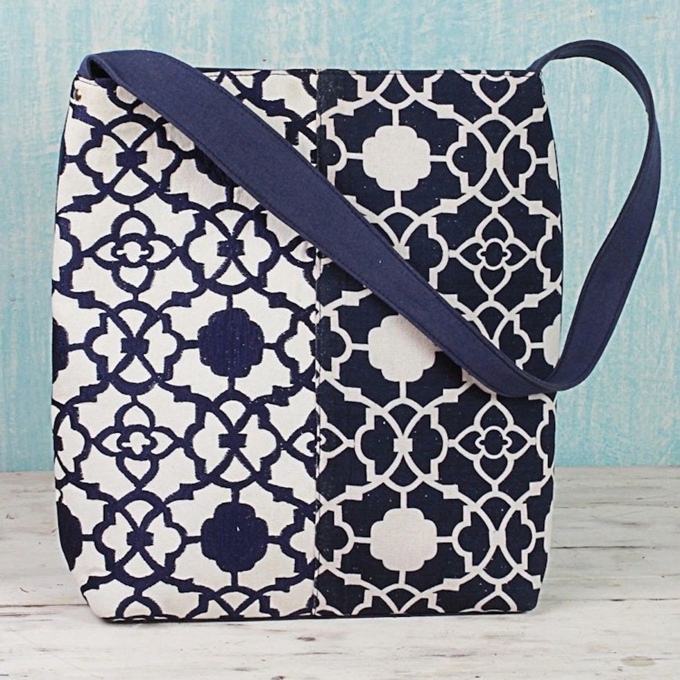 100 Cotton Embroidered Shoulder Handbag from India 'Midnight Blue Elegance'