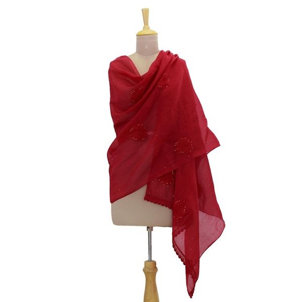Alternate image for Cotton and Silk Blend Hand Embroidered Shawl in Crimson Crimson Romance