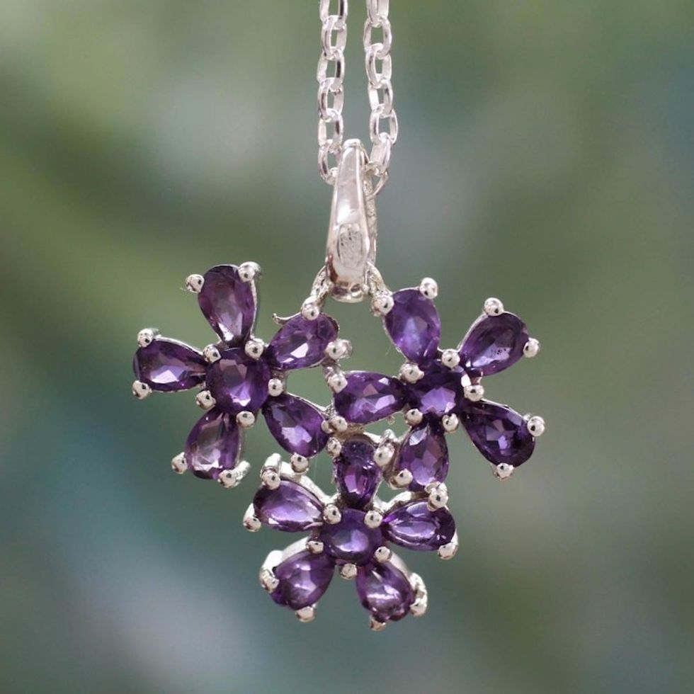 Amethyst Flowers on Sterling Silver Necklace 'Bouquet of Wisdom'