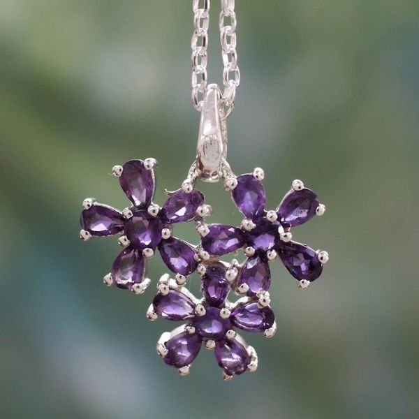 Alternate image for Amethyst Flowers on Sterling Silver Necklace Bouquet of Wisdom