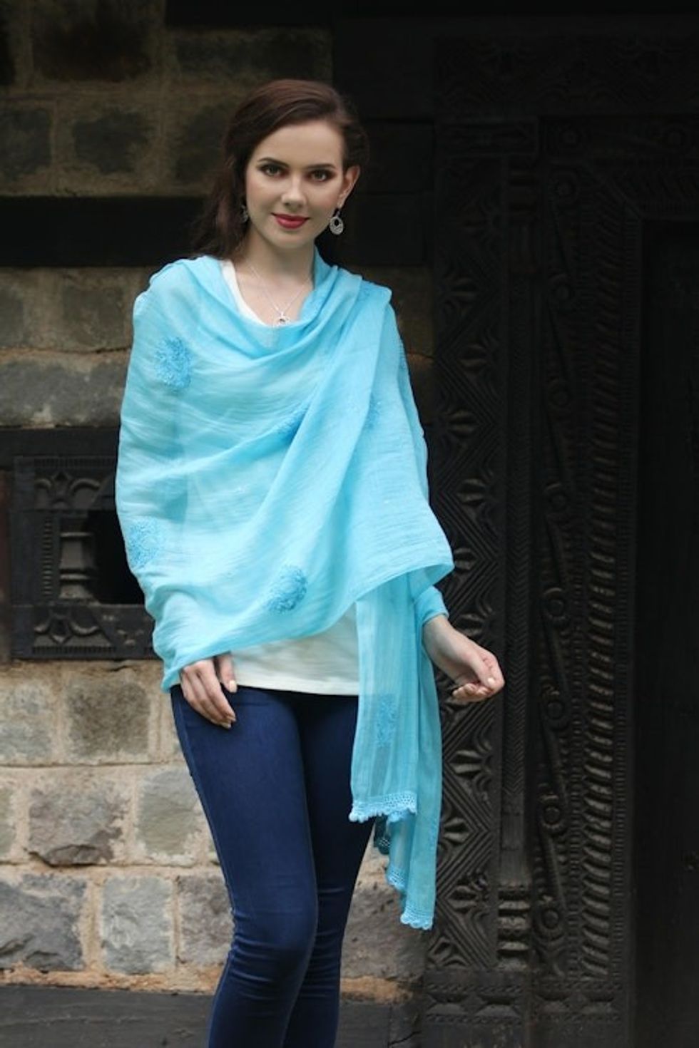 Hand Embroidered Sky Blue Cotton Blend Shawl from India 'Lucknow Bouquet in Blue'