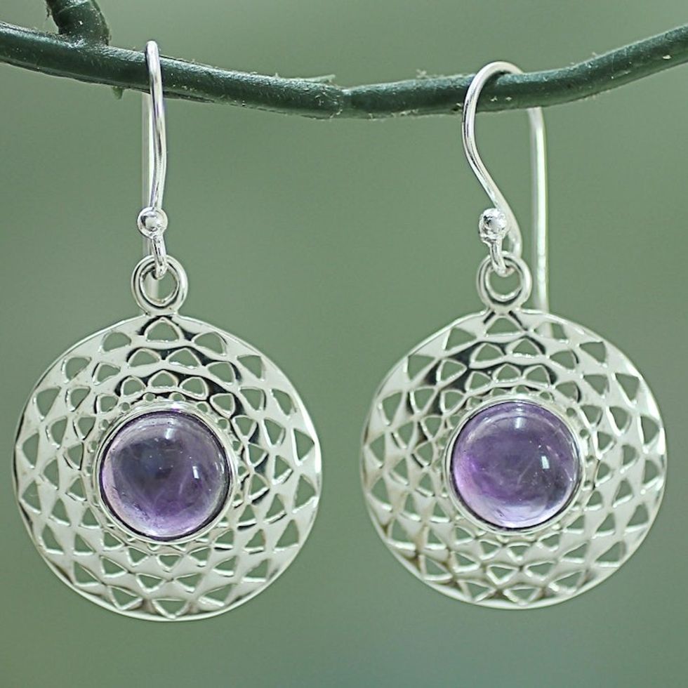 Sterling Silver Amethyst Dangle Earrings from India 'Violet Jali Disc'