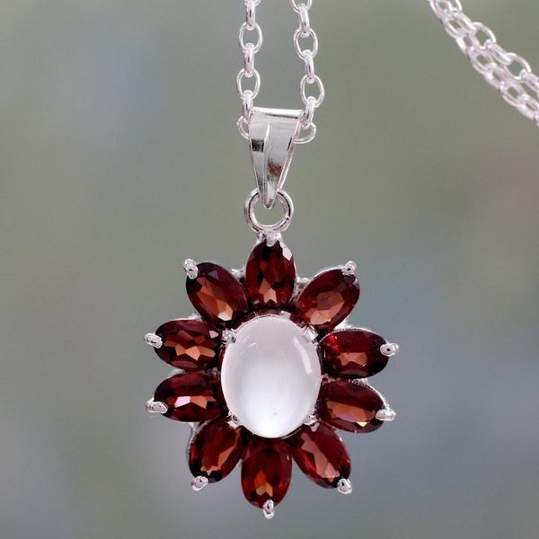 Alternate image for Moonstone and Garnet Pendant Necklace on Cable Chain Rajasthan Star