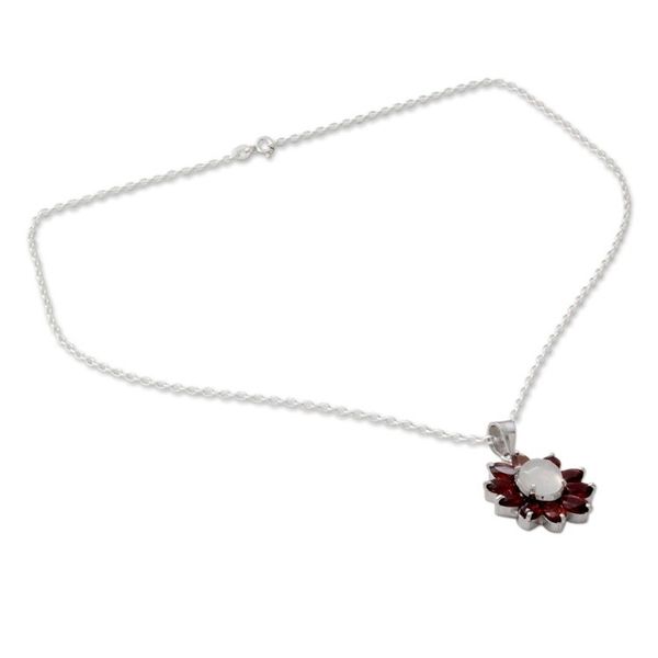 Alternate image for Moonstone and Garnet Pendant Necklace on Cable Chain Rajasthan Star
