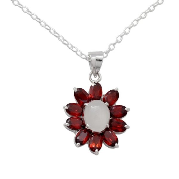 Alternate image for Moonstone and Garnet Pendant Necklace on Cable Chain Rajasthan Star