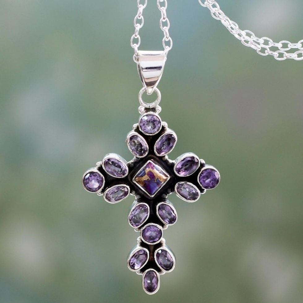 Amethyst and Sterling Silver Necklace with Cross Pendant 'Lilac Spirituality'