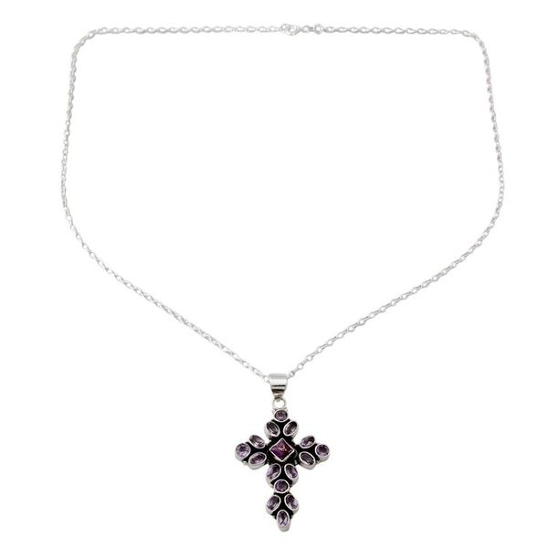 Alternate image for Amethyst and Sterling Silver Necklace with Cross Pendant Lilac Spirituality